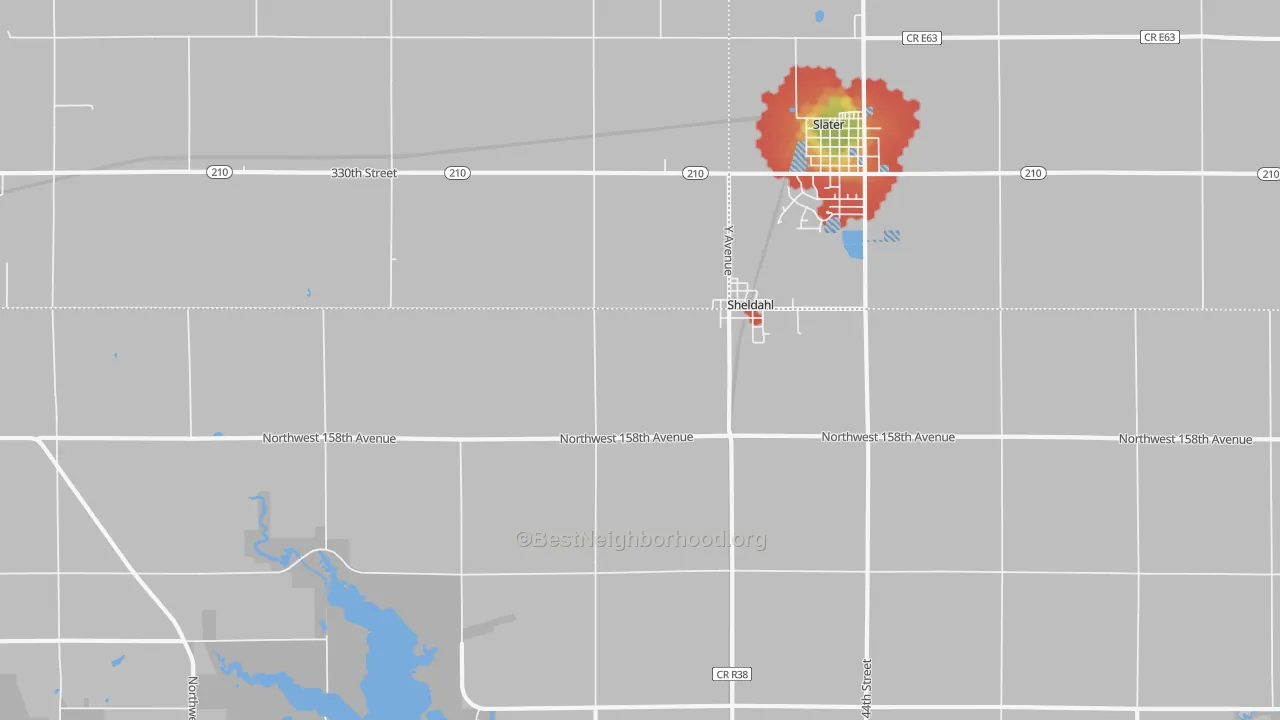 Walk Grade map of Sheldahl, IA, walkable areas in green and car-dependent areas in red