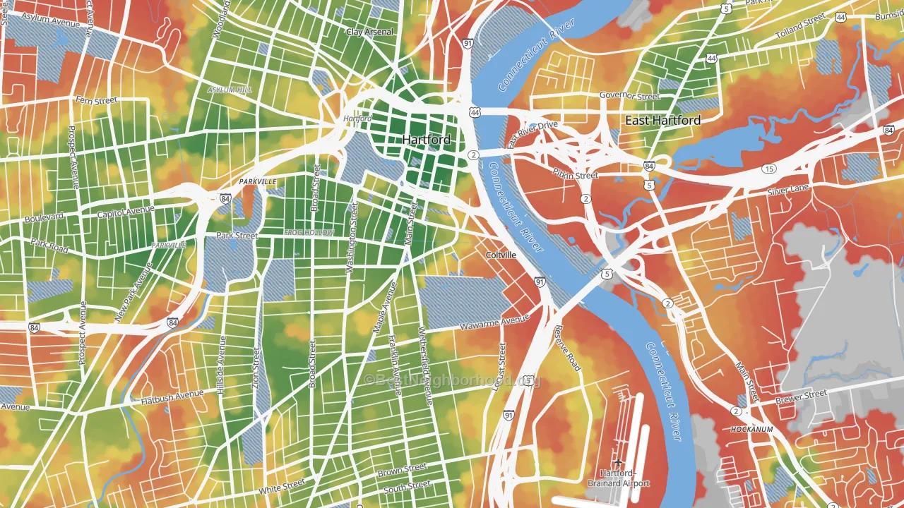 Walk Grade map of Sheldon Charter Oak, Hartford, CT, walkable areas in green and car-dependent areas in red
