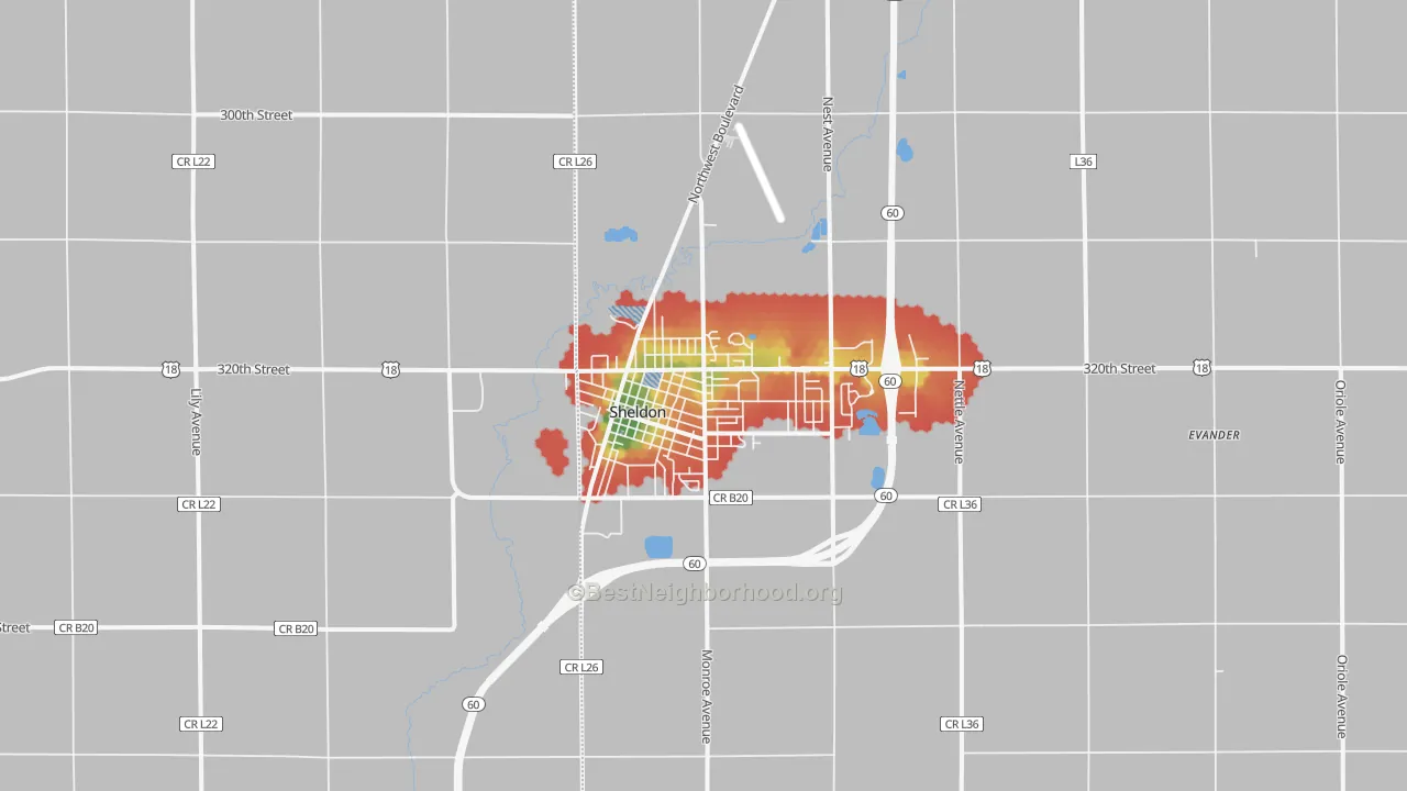 Walk Grade map of Sheldon, IA, walkable areas in green and car-dependent areas in red