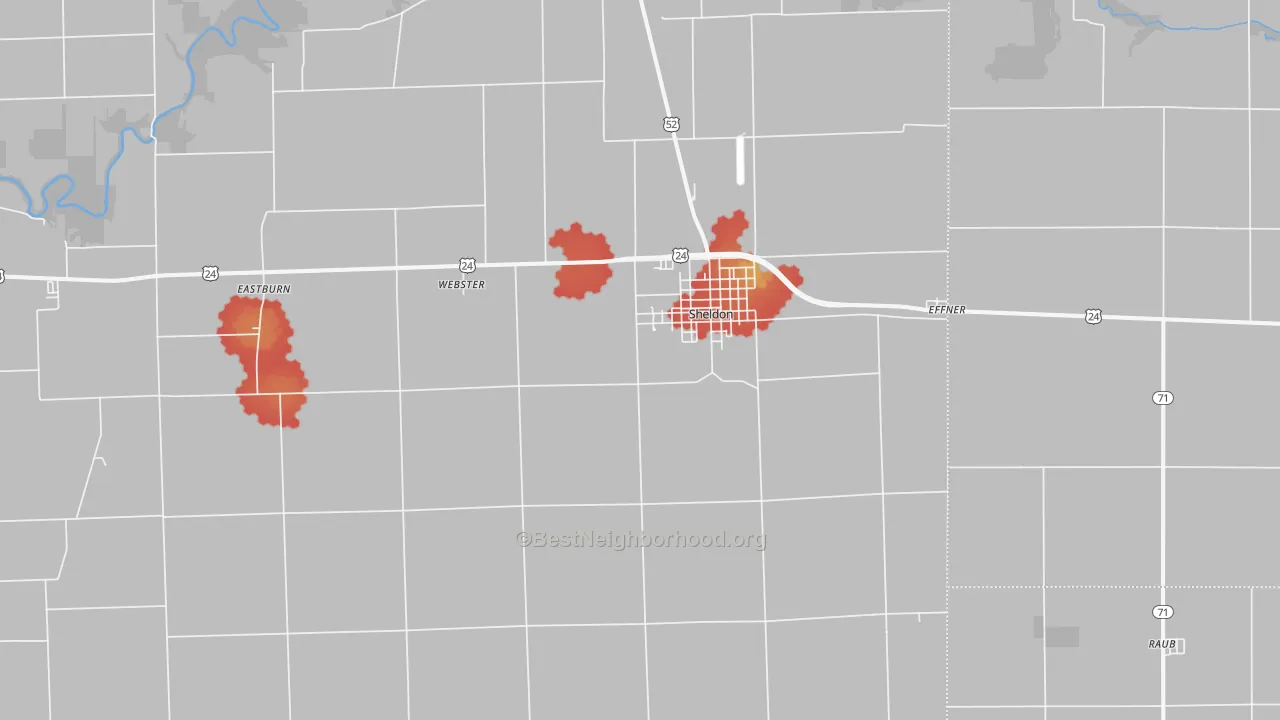 Walk Grade map of Sheldon, IL, walkable areas in green and car-dependent areas in red