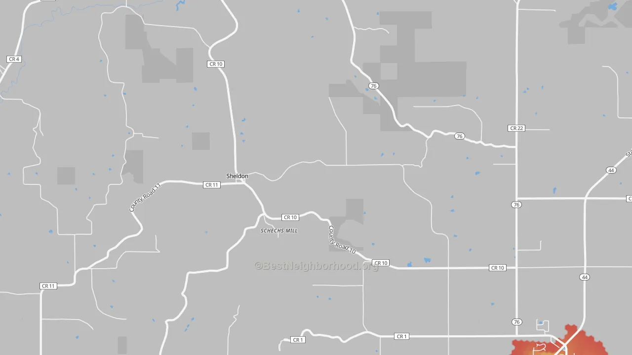 Walk Grade map of Sheldon, MN, walkable areas in green and car-dependent areas in red