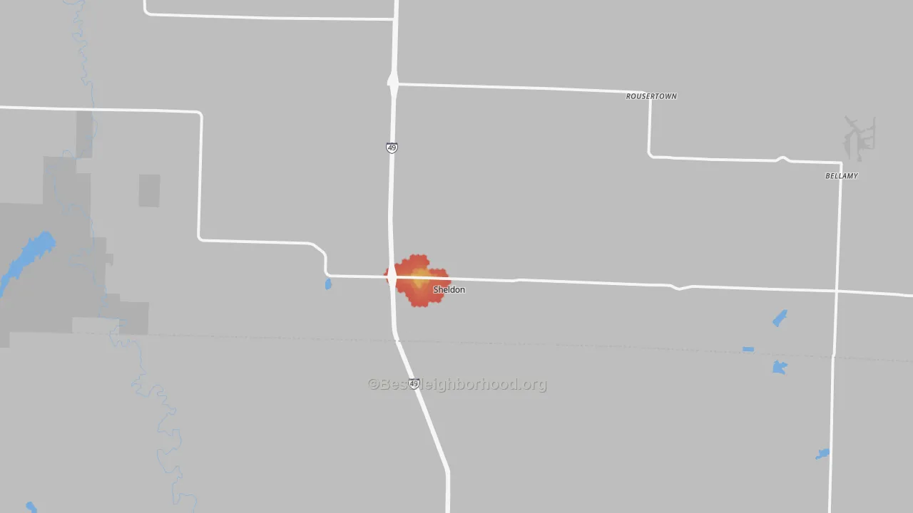 Walk Grade map of Sheldon, MO, walkable areas in green and car-dependent areas in red