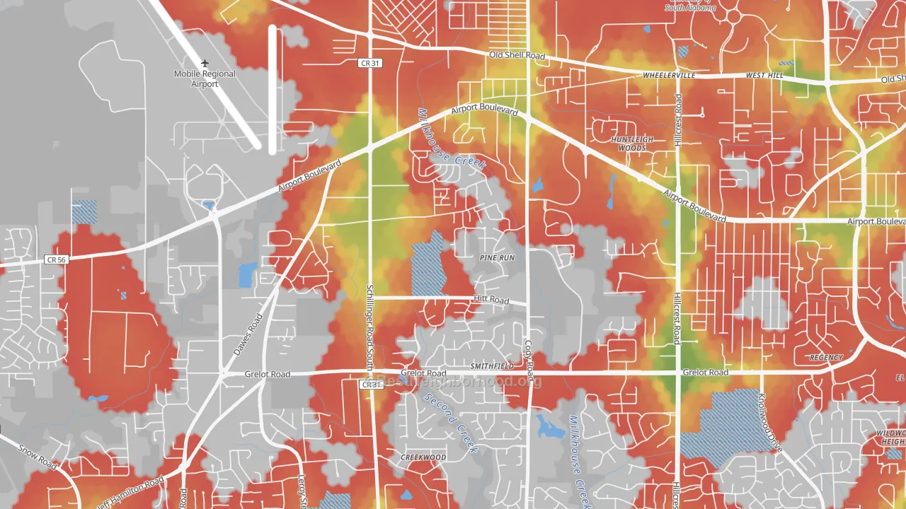 Walk Grade map of Sheldon, Mobile, AL, walkable areas in green and car-dependent areas in red