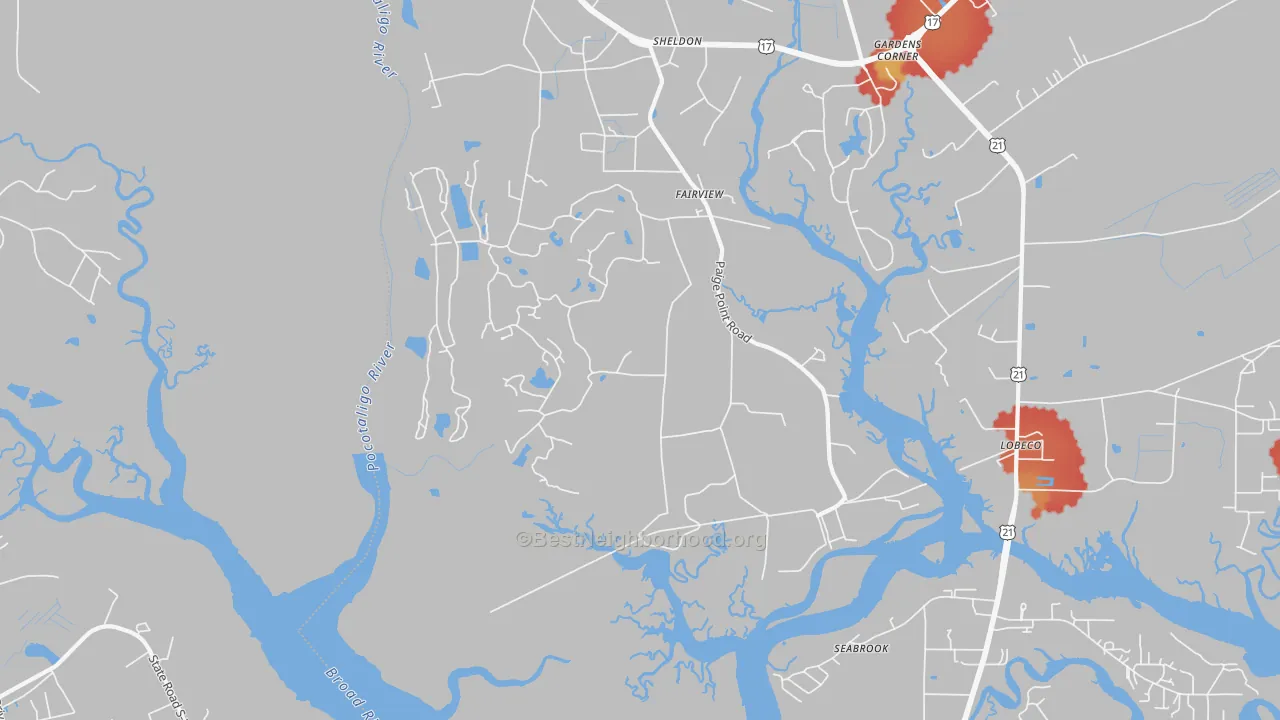 Walk Grade map of Sheldon, SC, walkable areas in green and car-dependent areas in red