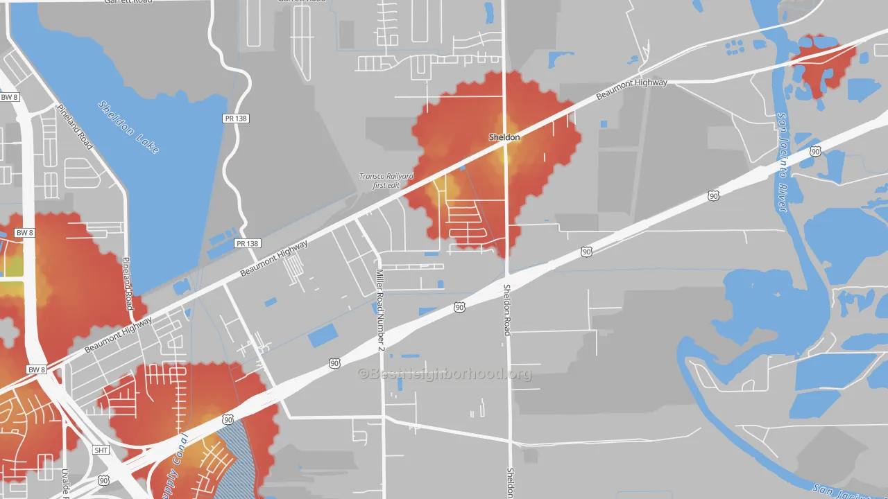 Walk Grade map of Sheldon, TX, walkable areas in green and car-dependent areas in red
