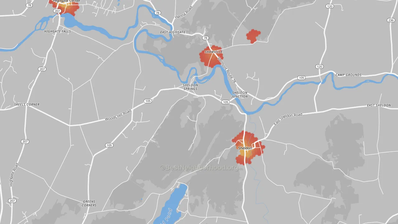 Walk Grade map of Sheldon, VT, walkable areas in green and car-dependent areas in red