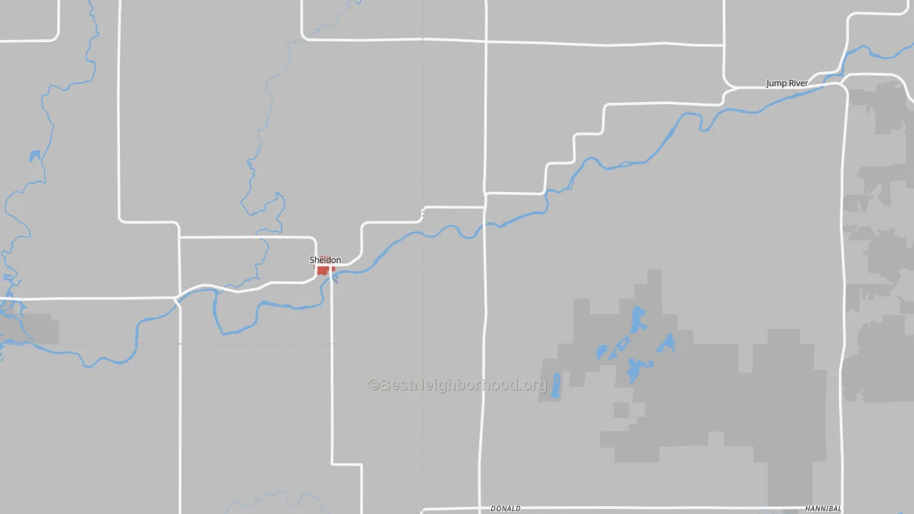 Walk Grade map of Sheldon, WI, walkable areas in green and car-dependent areas in red