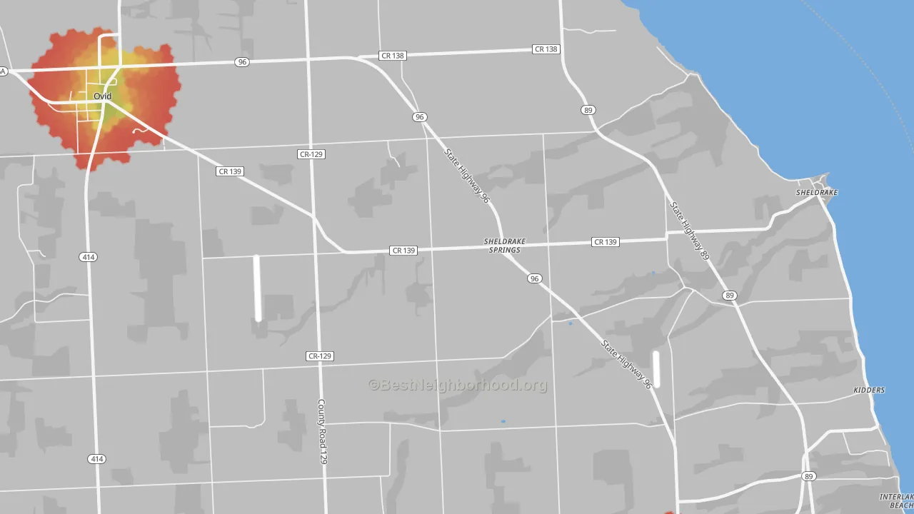 Walk Grade map of Sheldrake Springs, NY, walkable areas in green and car-dependent areas in red