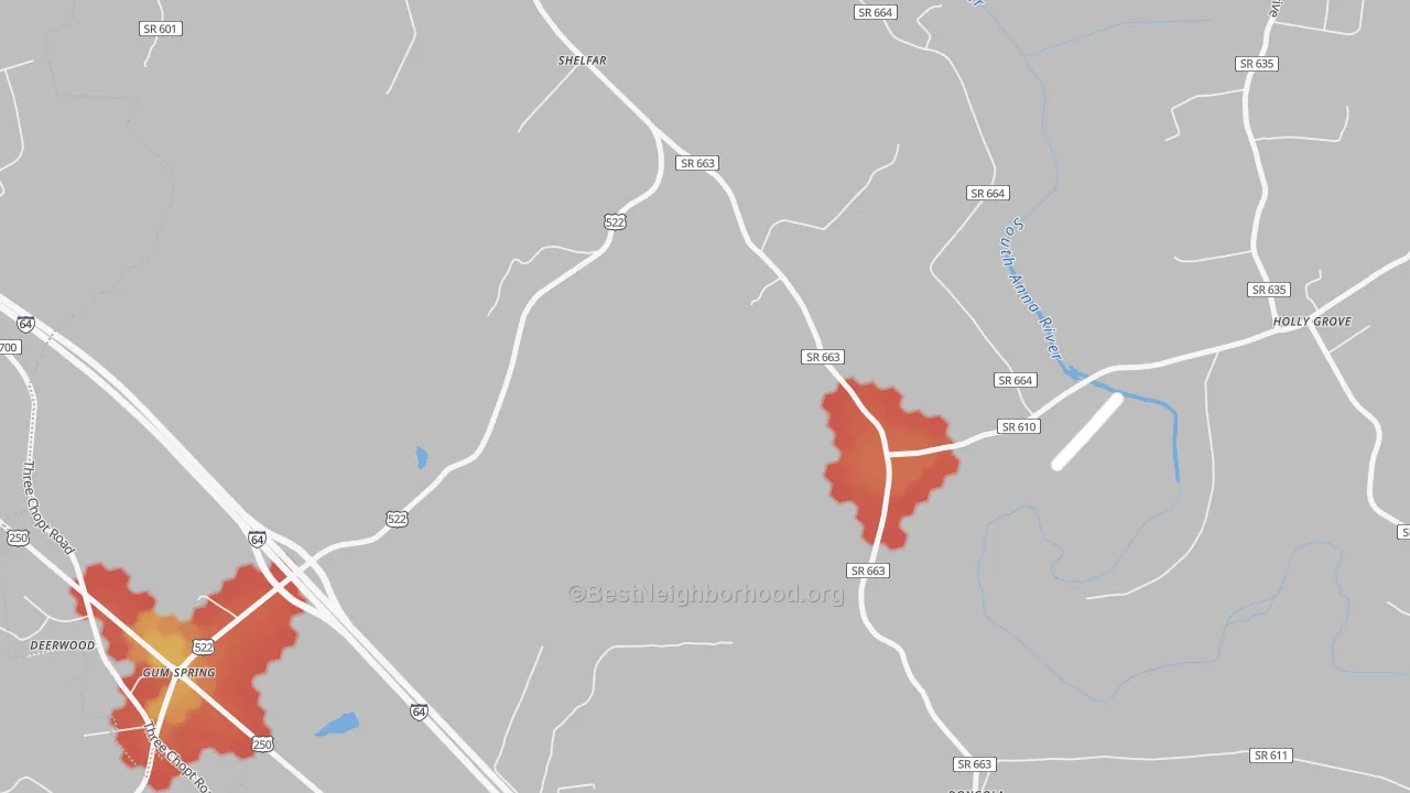 Walk Grade map of Shelfar, VA, walkable areas in green and car-dependent areas in red