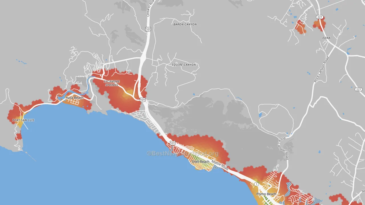 Walk Grade map of Shell Beach, CA, walkable areas in green and car-dependent areas in red