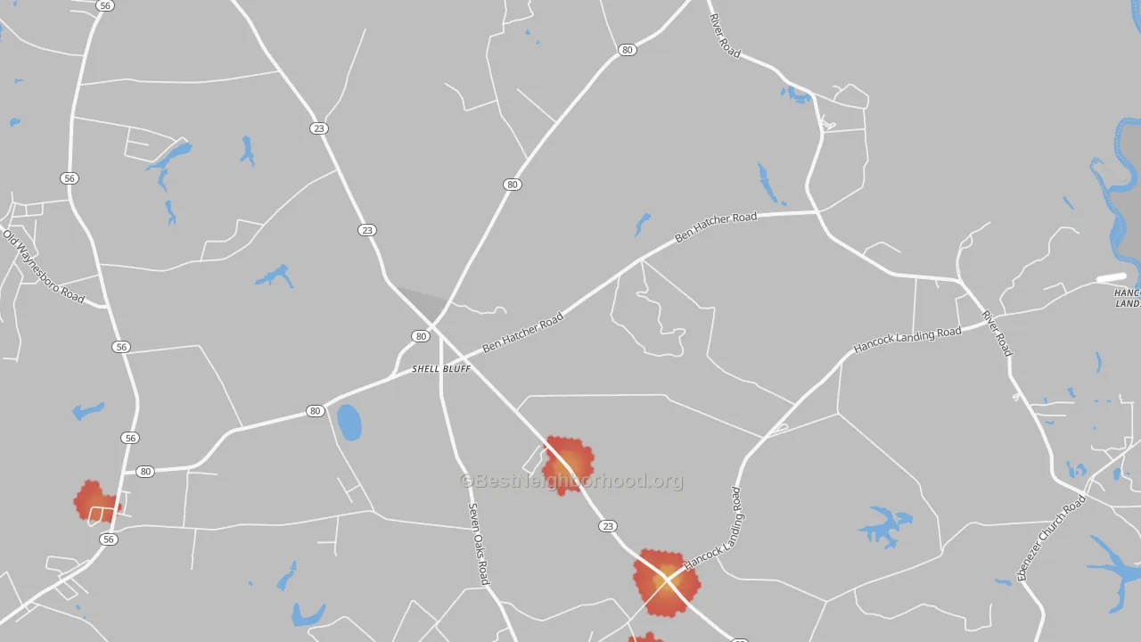 Walk Grade map of Shell Bluff, GA, walkable areas in green and car-dependent areas in red