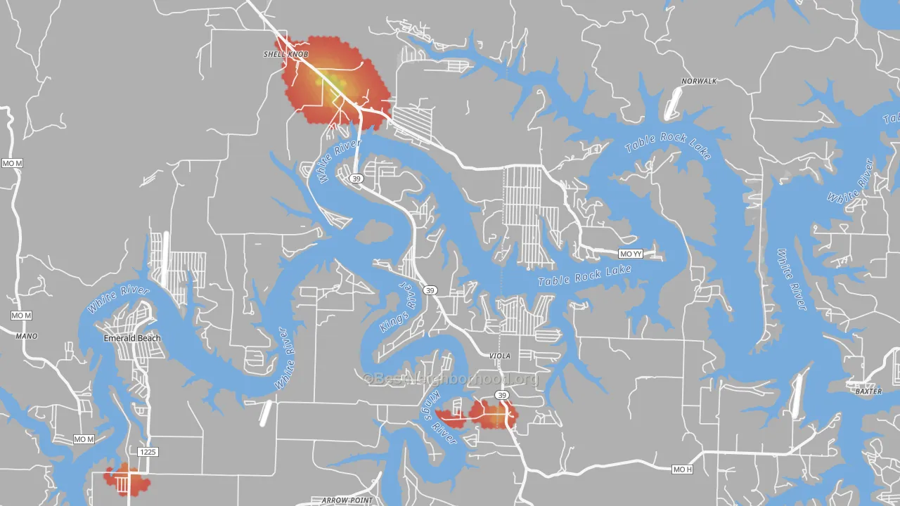 Walk Grade map of Shell Knob, MO, walkable areas in green and car-dependent areas in red