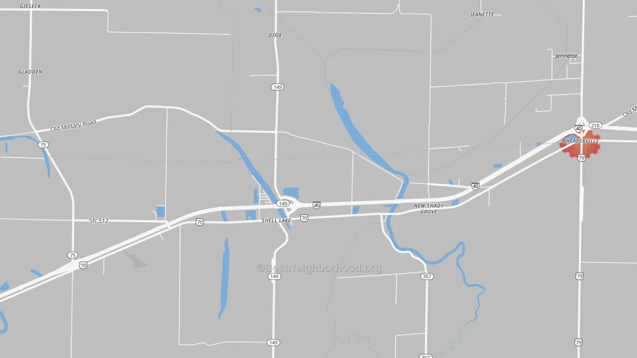 Walk Grade map of Shell Lake, AR, walkable areas in green and car-dependent areas in red