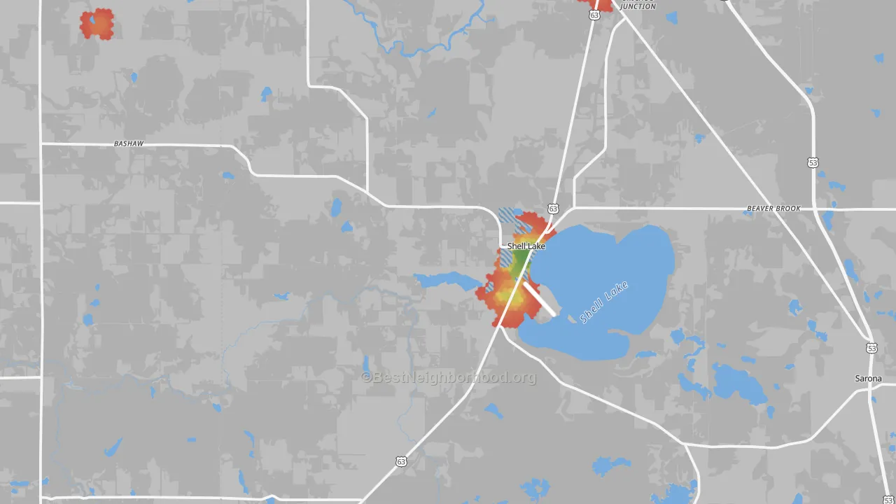 Walk Grade map of Shell Lake, WI, walkable areas in green and car-dependent areas in red
