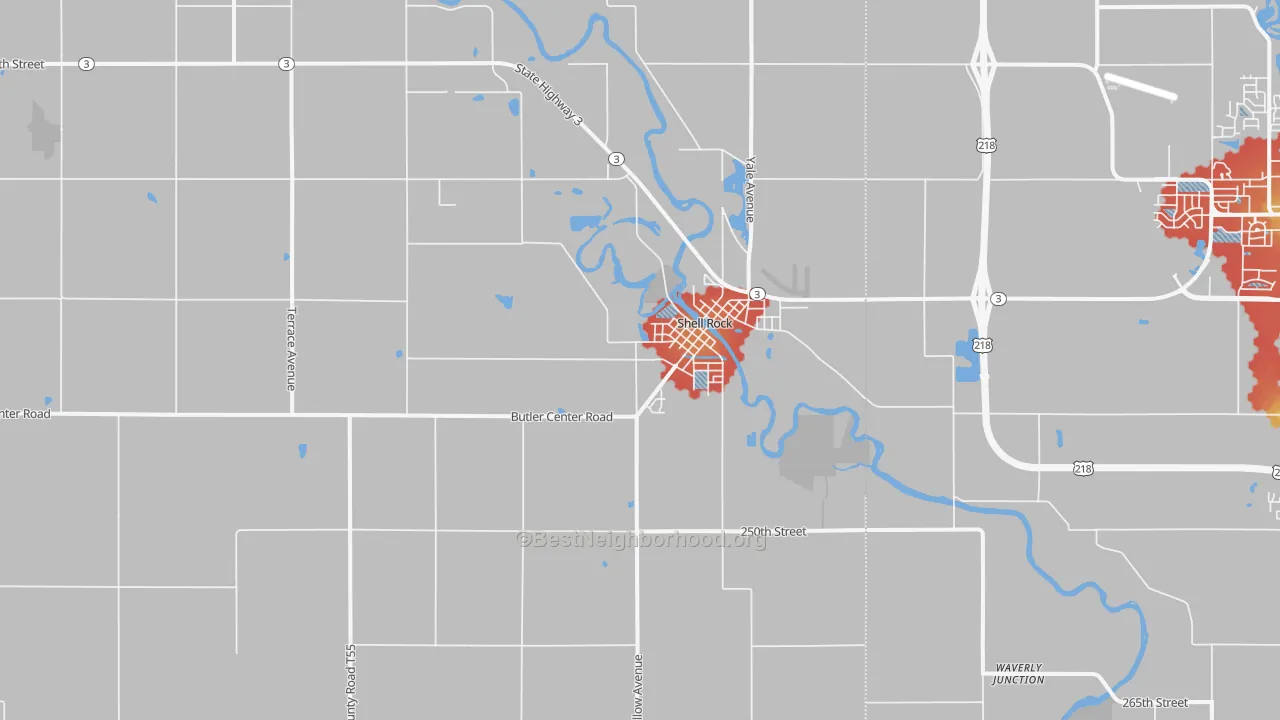 Walk Grade map of Shell Rock, IA, walkable areas in green and car-dependent areas in red