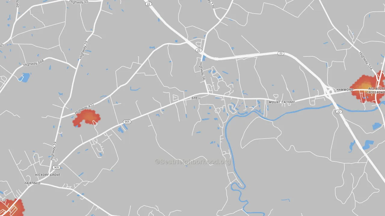 Walk Grade map of Shell, SC, walkable areas in green and car-dependent areas in red