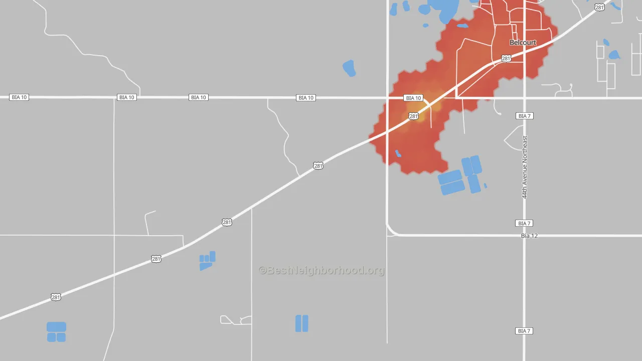 Walk Grade map of Shell Valley, ND, walkable areas in green and car-dependent areas in red