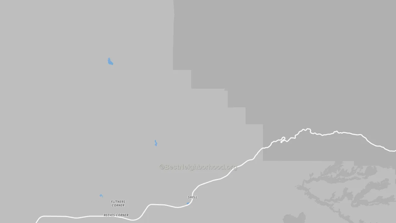 Walk Grade map of Shell, WY, walkable areas in green and car-dependent areas in red
