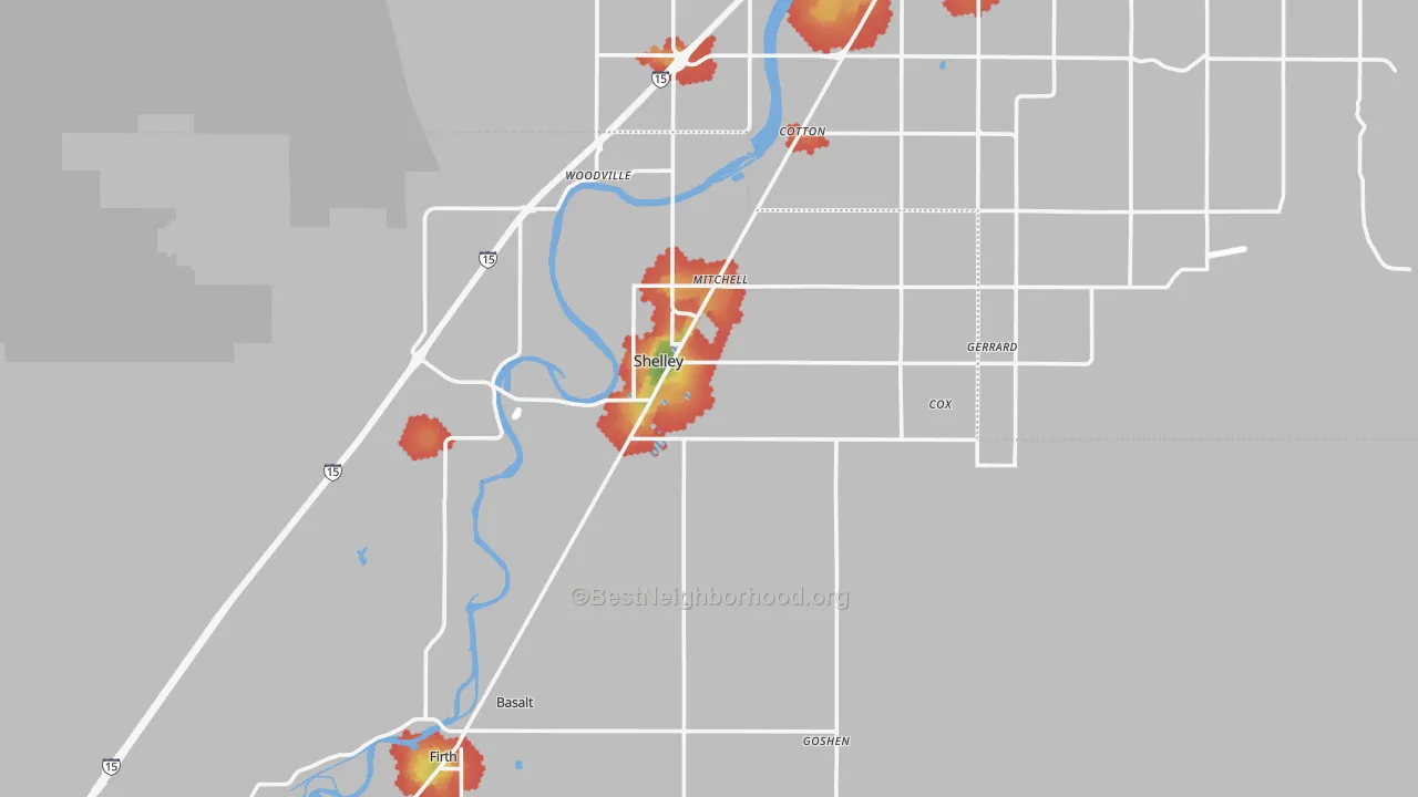 Walk Grade map of Shelley, ID, walkable areas in green and car-dependent areas in red