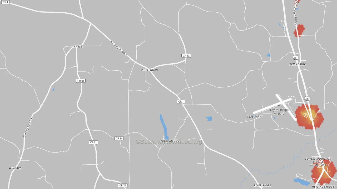 Walk Grade map of Shellhorn, AL, walkable areas in green and car-dependent areas in red