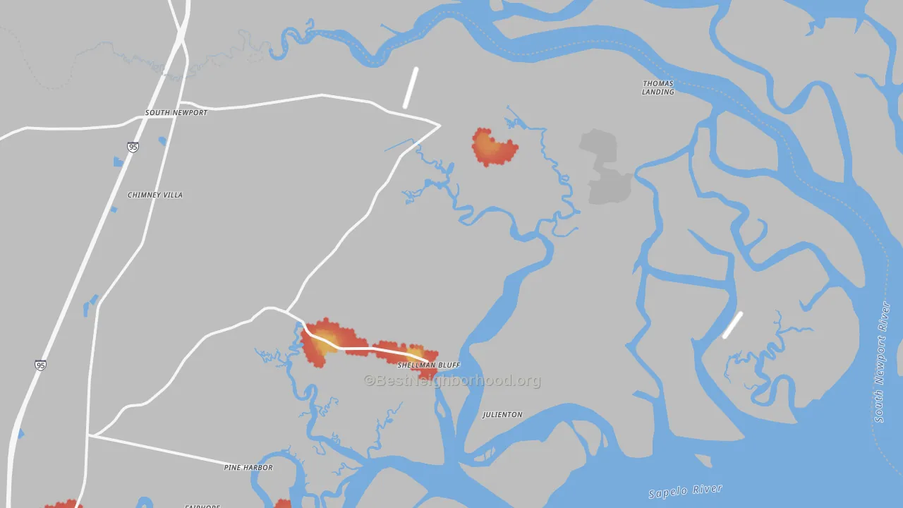 Walk Grade map of Shellman Bluff, GA, walkable areas in green and car-dependent areas in red