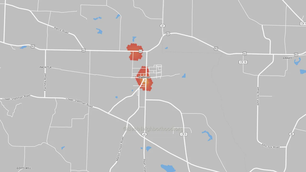 Walk Grade map of Shellman, GA, walkable areas in green and car-dependent areas in red