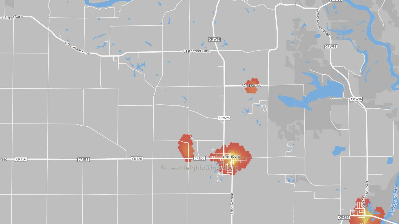 Walk Grade map of Shellsburg, IA, walkable areas in green and car-dependent areas in red