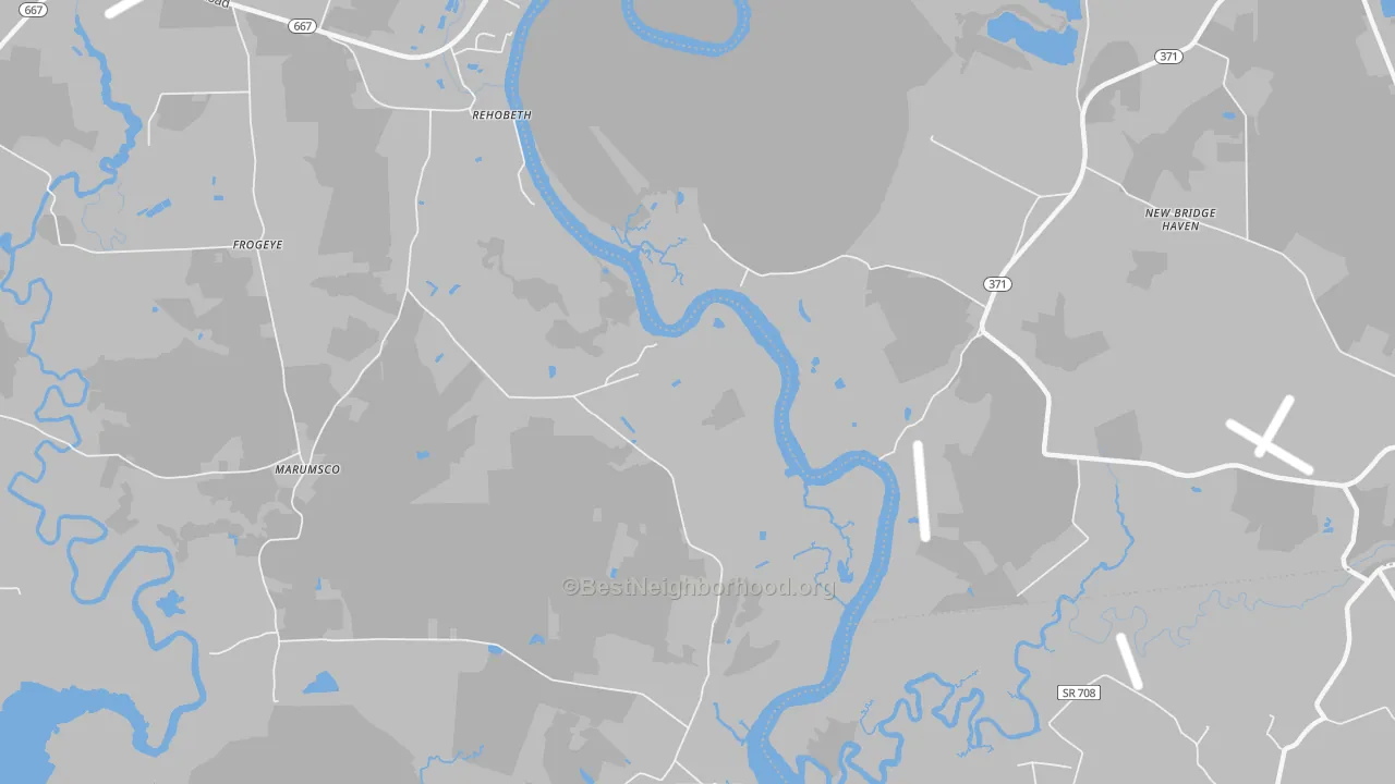 Walk Grade map of Shelltown, MD, walkable areas in green and car-dependent areas in red