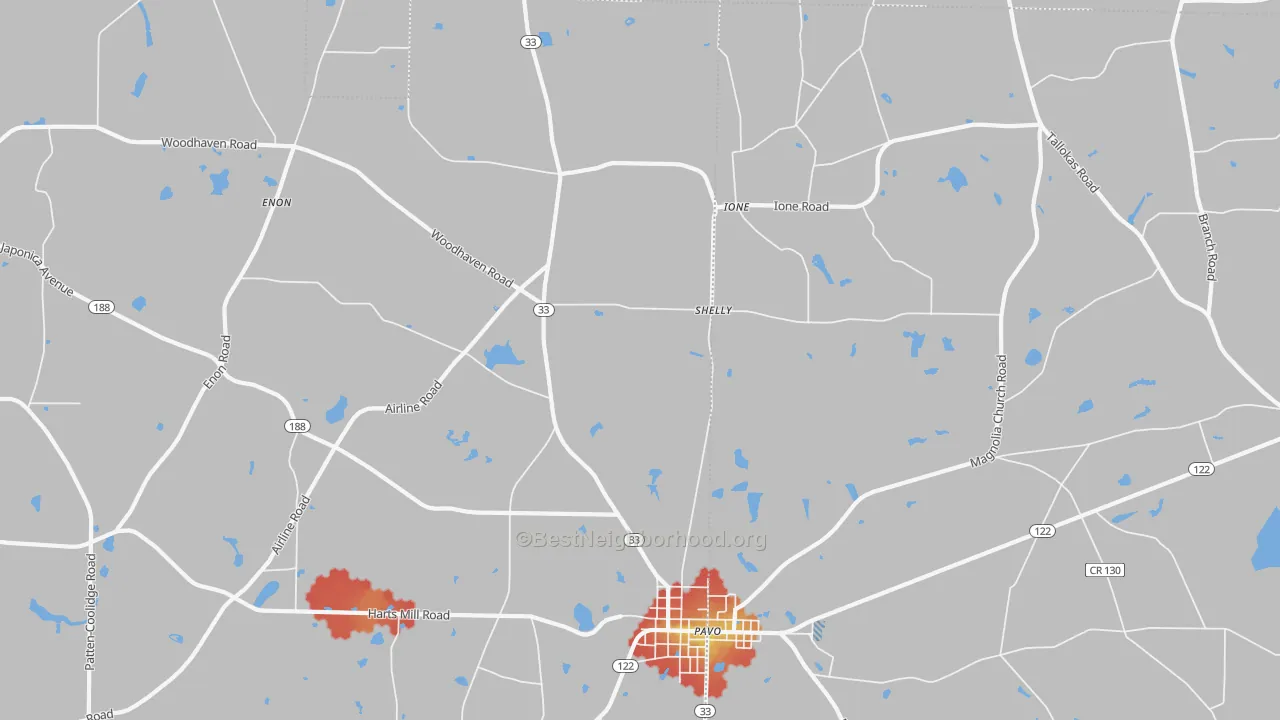 Walk Grade map of Shelly, GA, walkable areas in green and car-dependent areas in red