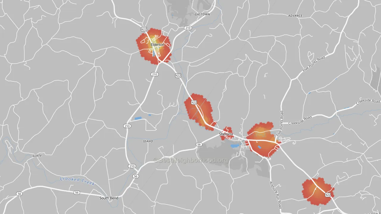 Walk Grade map of Shelocta, PA, walkable areas in green and car-dependent areas in red
