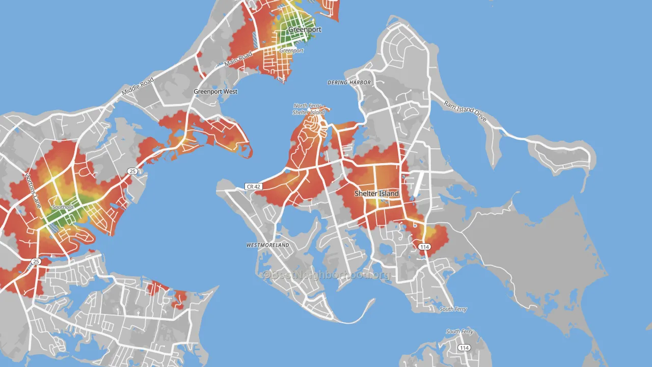 Walk Grade map of Shelter Island Heights, NY, walkable areas in green and car-dependent areas in red