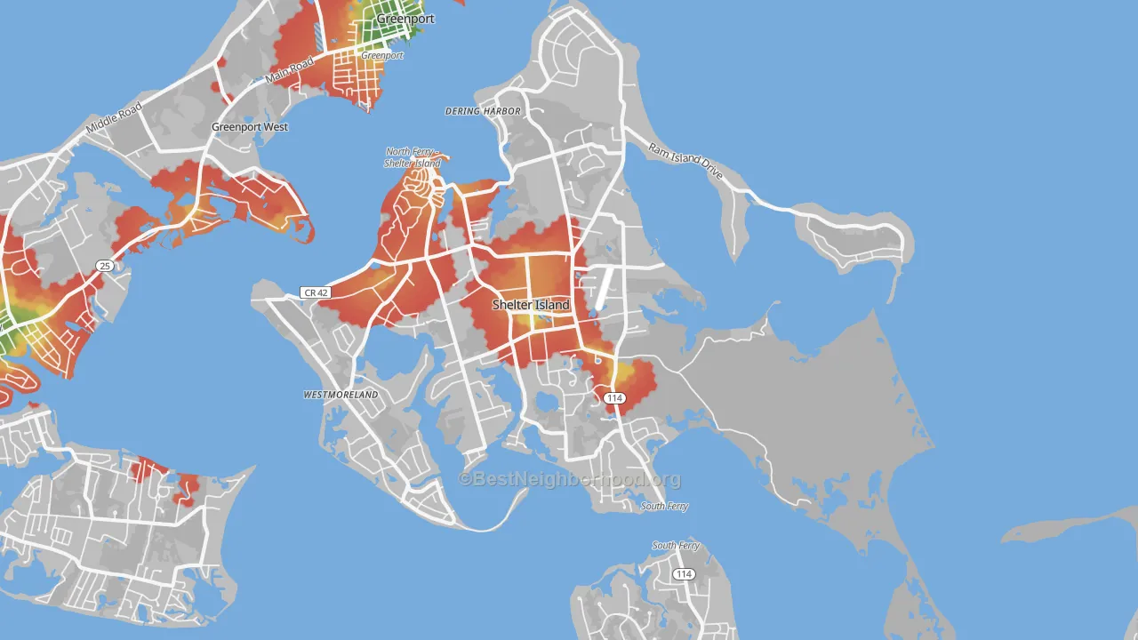 Walk Grade map of Shelter Island, NY, walkable areas in green and car-dependent areas in red