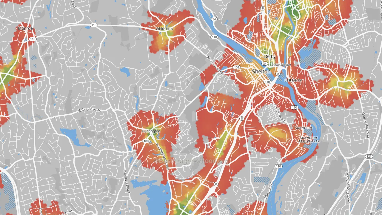Walk Grade map of Shelton, CT, walkable areas in green and car-dependent areas in red