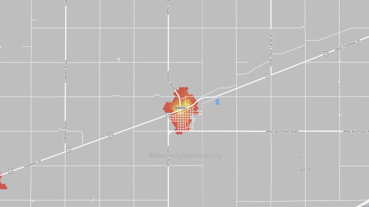 Walk Grade map of Shelton, NE, walkable areas in green and car-dependent areas in red
