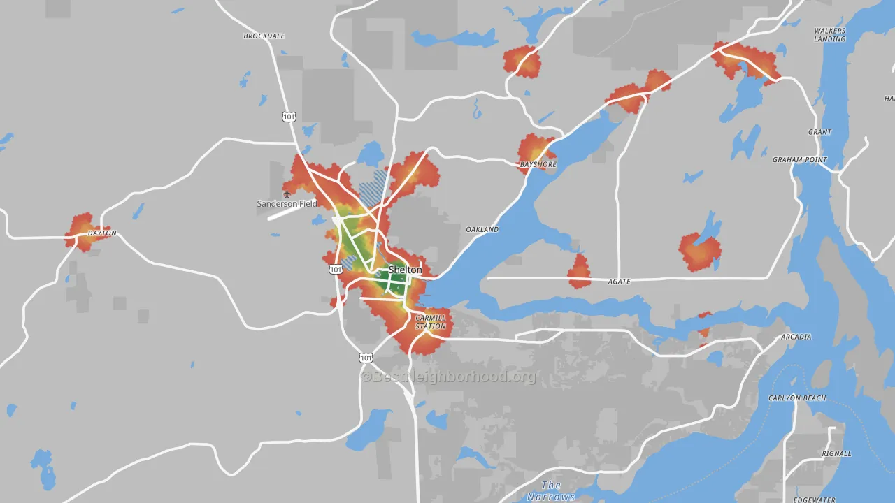 Walk Grade map of Shelton, WA, walkable areas in green and car-dependent areas in red