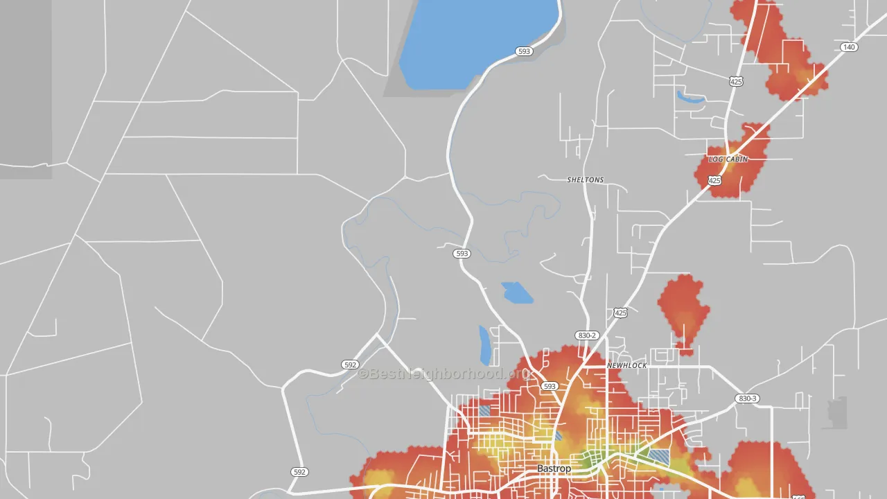Walk Grade map of Sheltons, LA, walkable areas in green and car-dependent areas in red