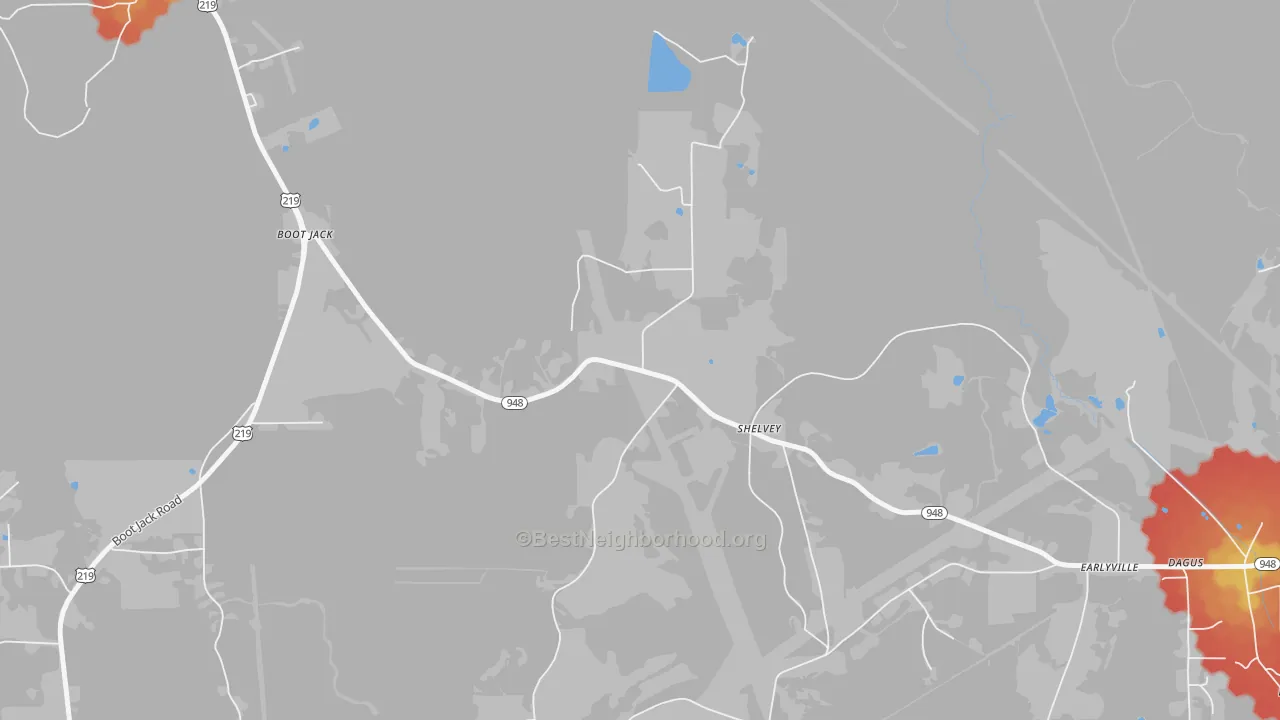 Walk Grade map of Shelvey, PA, walkable areas in green and car-dependent areas in red