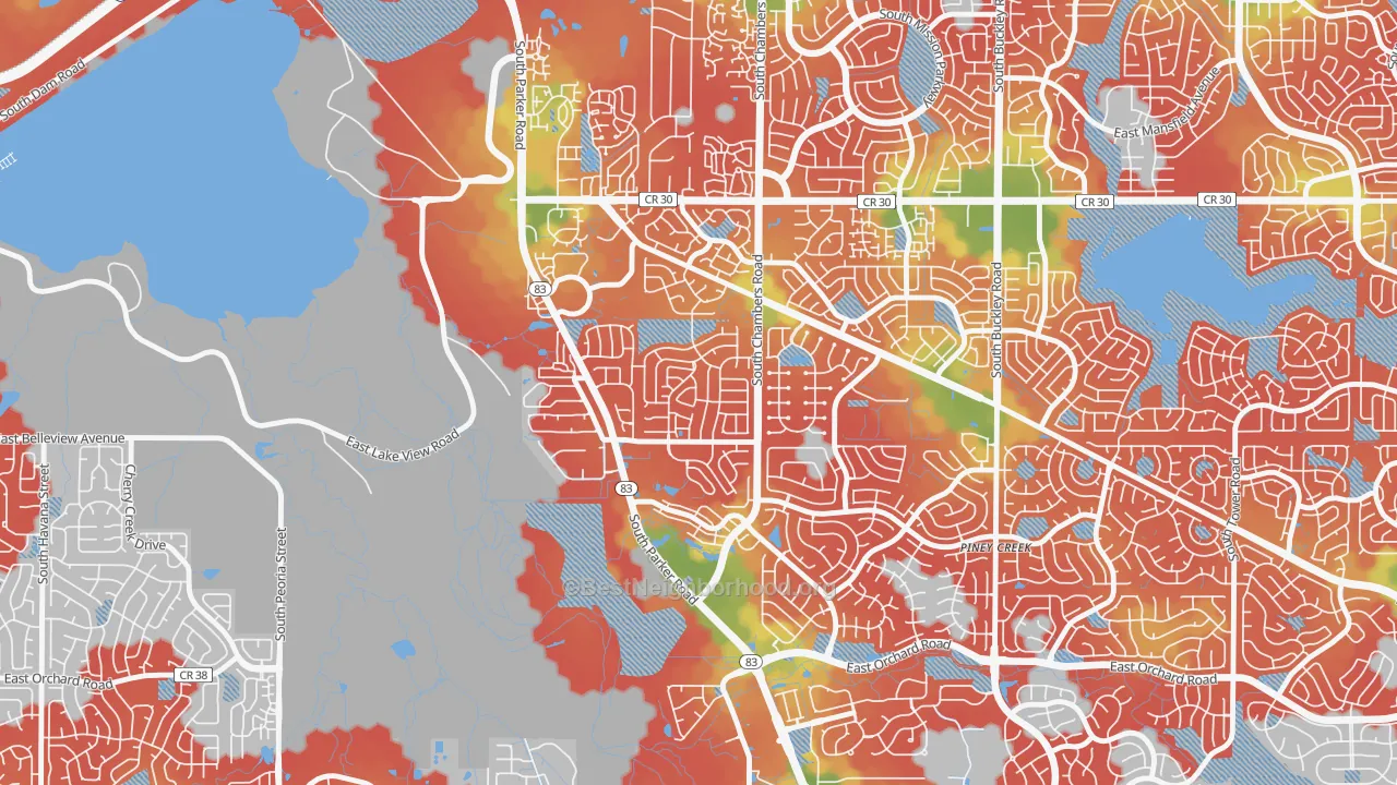 Walk Grade map of Shenandoah, Aurora, CO, walkable areas in green and car-dependent areas in red