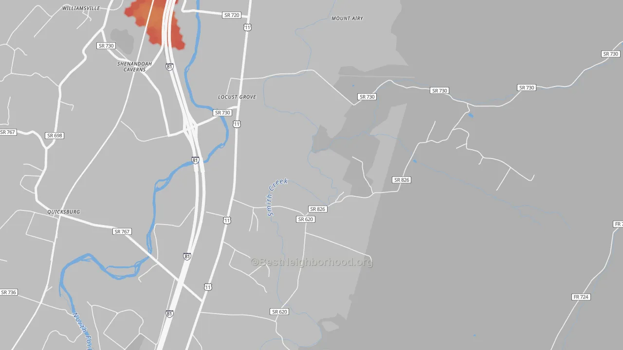 Walk Grade map of Shenandoah Caverns, VA, walkable areas in green and car-dependent areas in red
