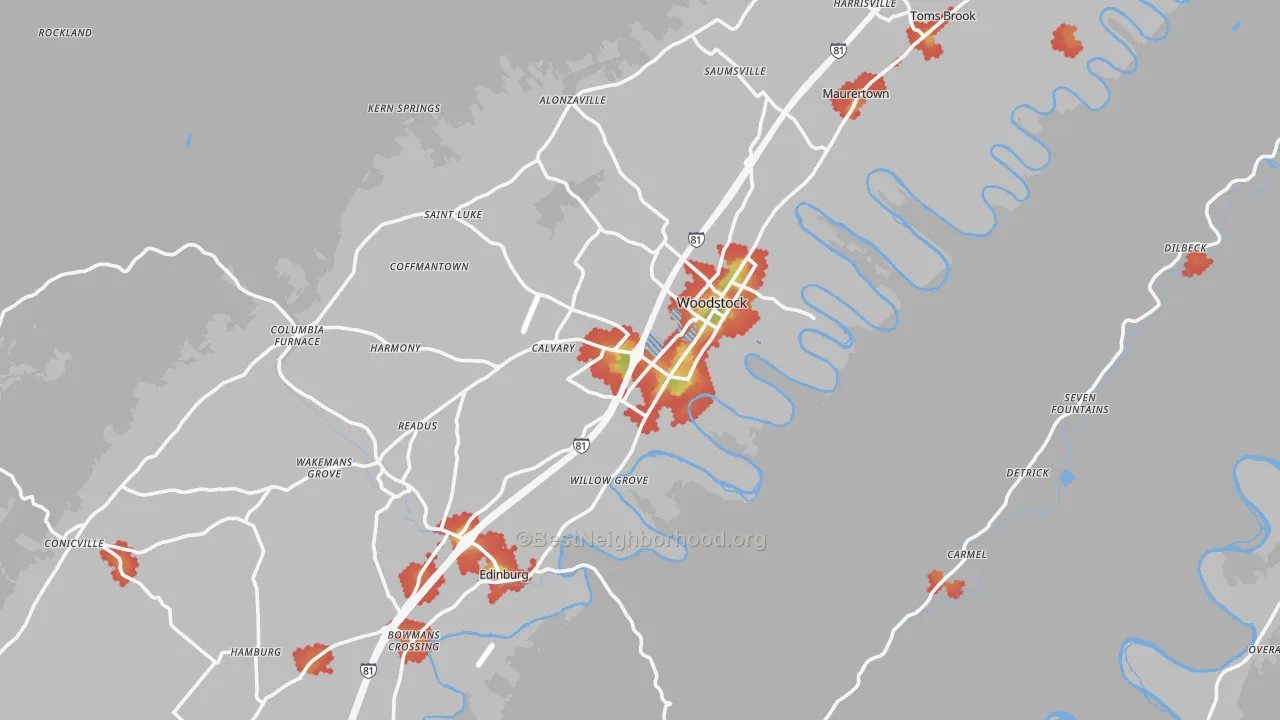 Walk Grade map of Shenandoah County, VA, walkable areas in green and car-dependent areas in red