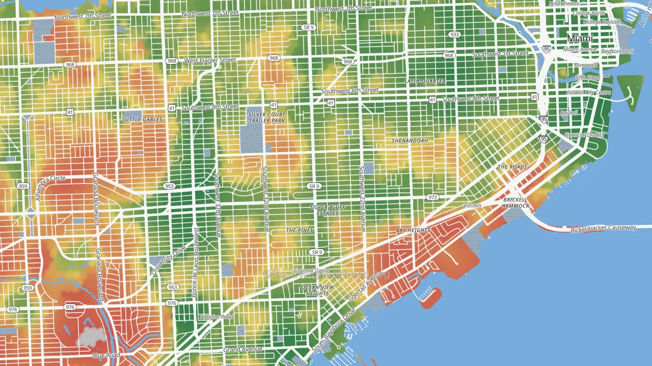 Walk Grade map of Shenandoah, FL, walkable areas in green and car-dependent areas in red