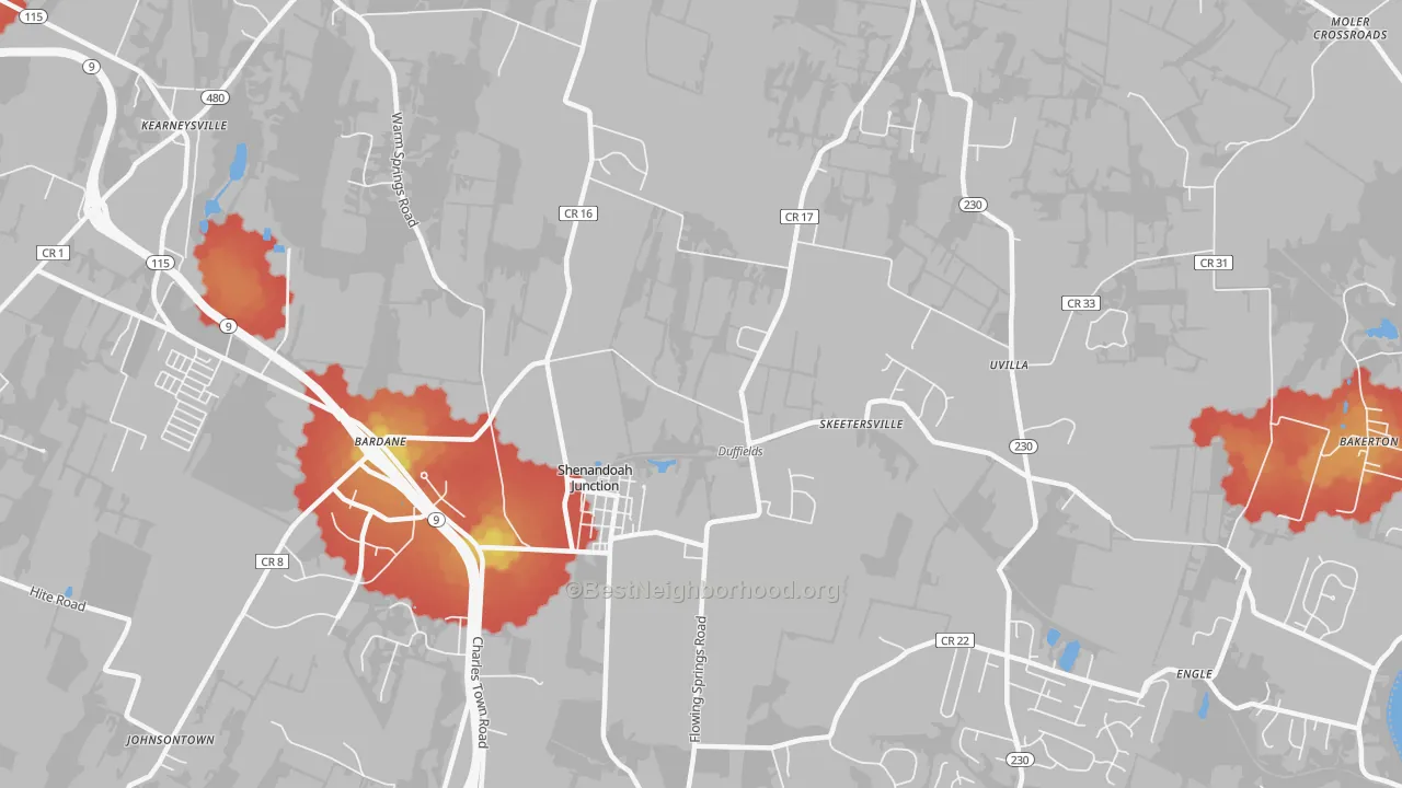 Walk Grade map of Shenandoah Junction, WV, walkable areas in green and car-dependent areas in red