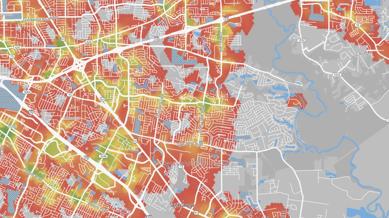 Walk Grade map of Shenandoah, LA, walkable areas in green and car-dependent areas in red