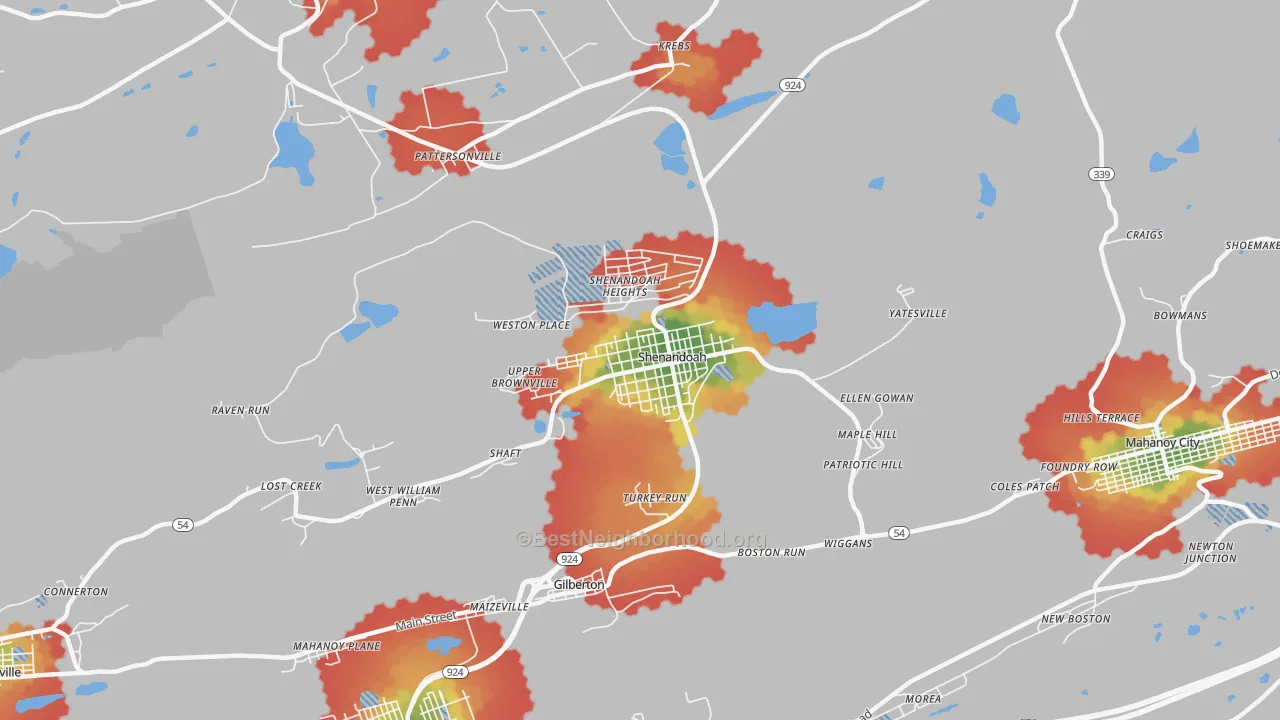 Walk Grade map of Shenandoah, PA, walkable areas in green and car-dependent areas in red