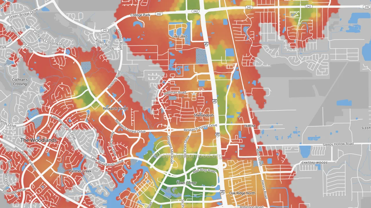Walk Grade map of Shenandoah, TX, walkable areas in green and car-dependent areas in red