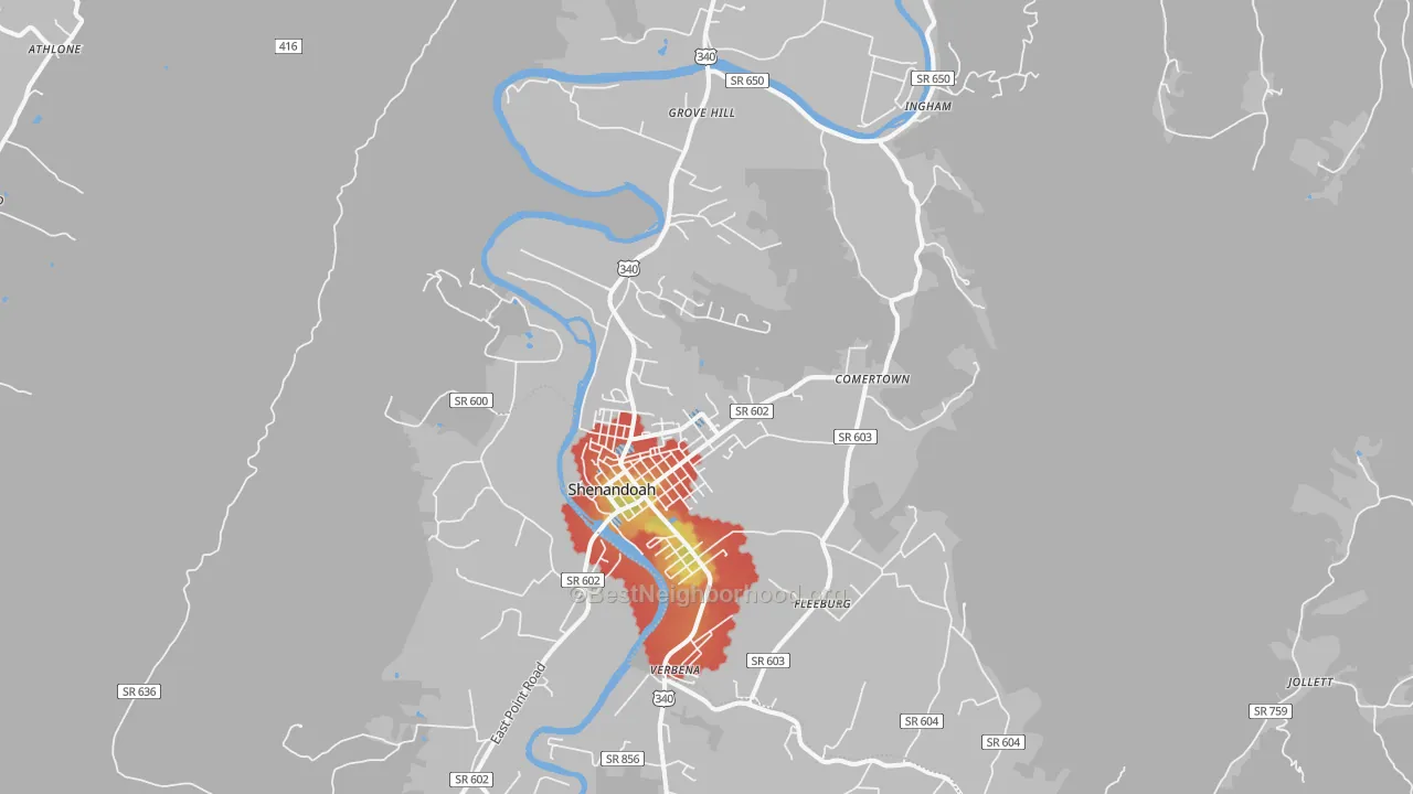 Walk Grade map of Shenandoah, VA, walkable areas in green and car-dependent areas in red