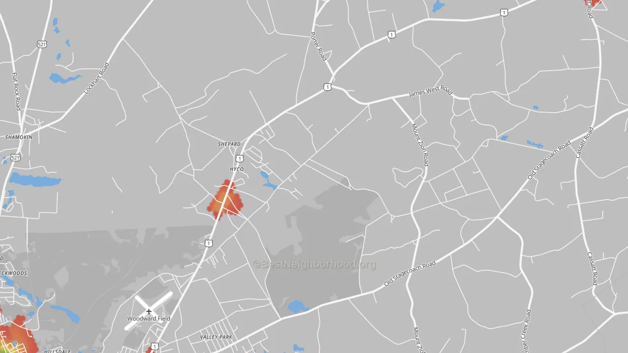Walk Grade map of Shepard, SC, walkable areas in green and car-dependent areas in red