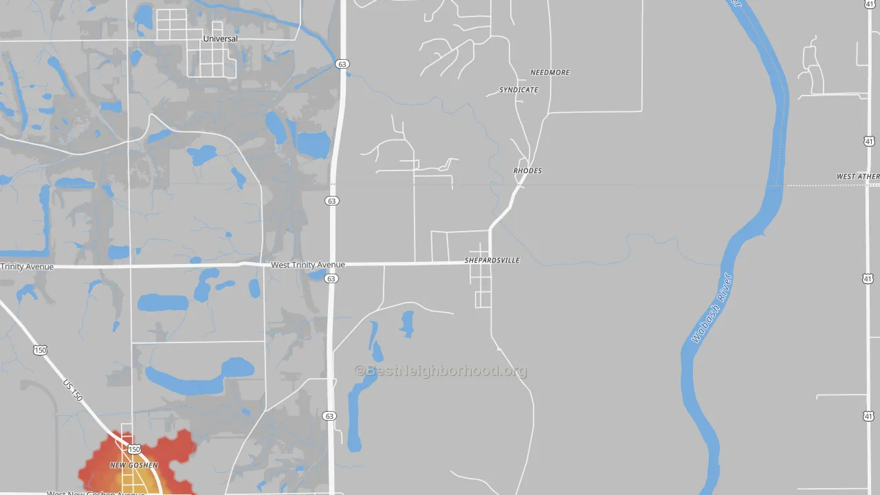 Walk Grade map of Shepardsville, IN, walkable areas in green and car-dependent areas in red