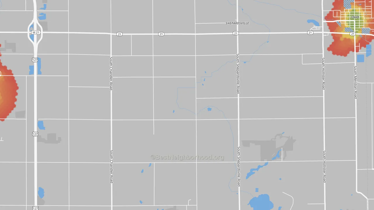 Walk Grade map of Shepardsville, MI, walkable areas in green and car-dependent areas in red