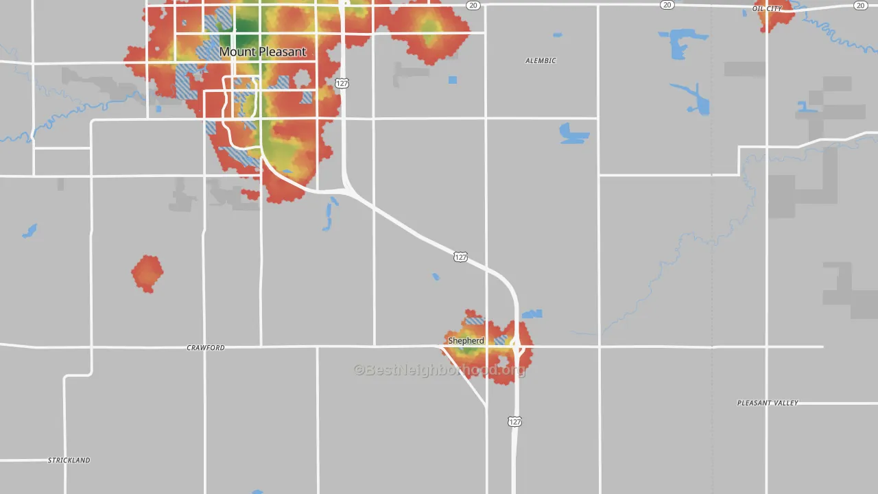 Walk Grade map of Shepherd, MI, walkable areas in green and car-dependent areas in red